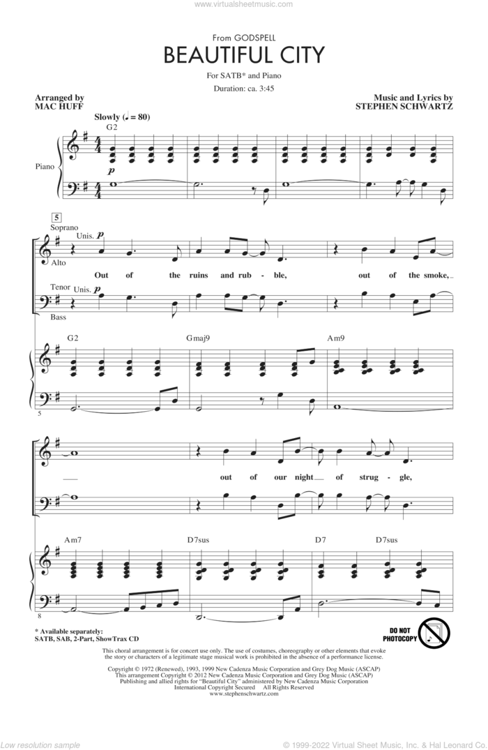 Beautiful City sheet music for choir (SATB: soprano, alto, tenor, bass) by Stephen Schwartz and Mac Huff, intermediate skill level