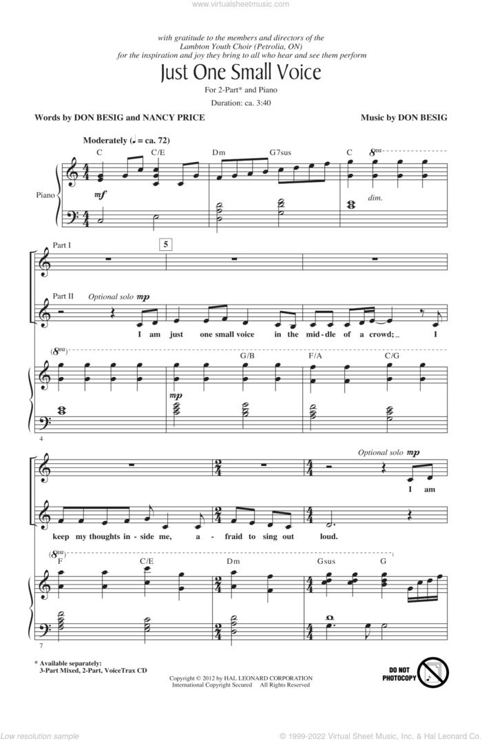 Just One Small Voice sheet music for choir (2-Part) by Don Besig and Nancy Price, intermediate duet