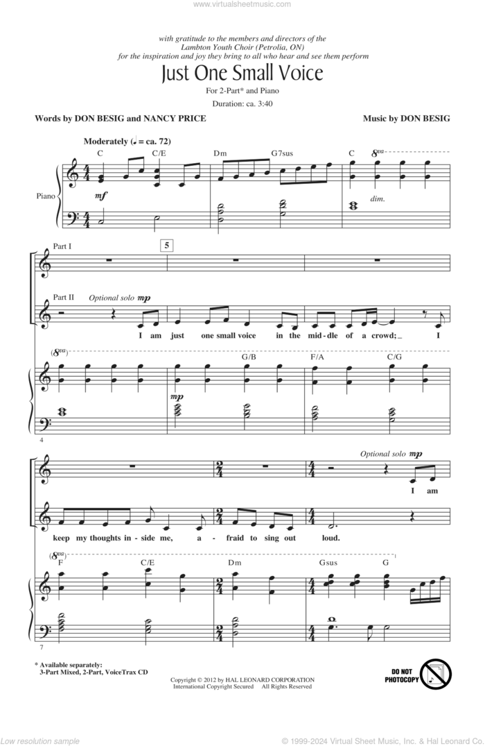 Just One Small Voice sheet music for choir (2-Part) by Don Besig and Nancy Price, intermediate duet