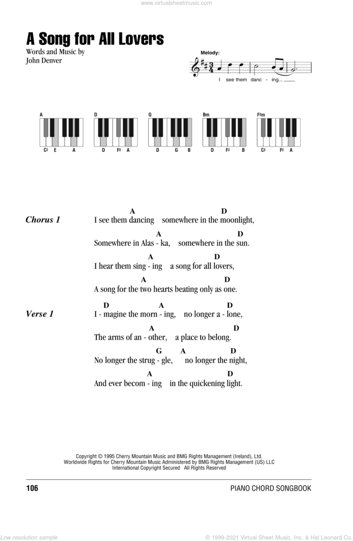 A Song For All Lovers sheet music for piano solo (chords, lyrics, melody) by John Denver, intermediate piano (chords, lyrics, melody)