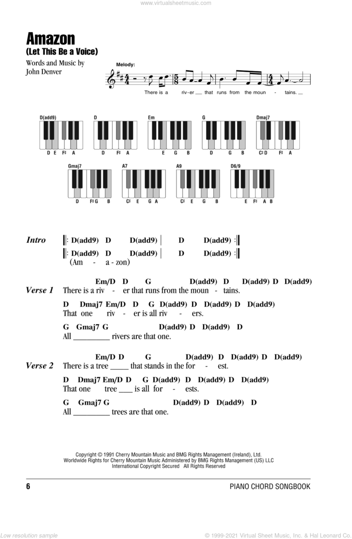 Amazon (Let This Be A Voice) sheet music for piano solo (chords, lyrics, melody) by John Denver, intermediate piano (chords, lyrics, melody)