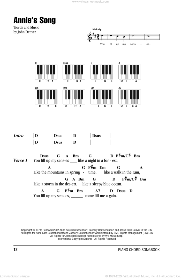 Annie's Song sheet music for piano solo (chords, lyrics, melody) by John Denver, intermediate piano (chords, lyrics, melody)