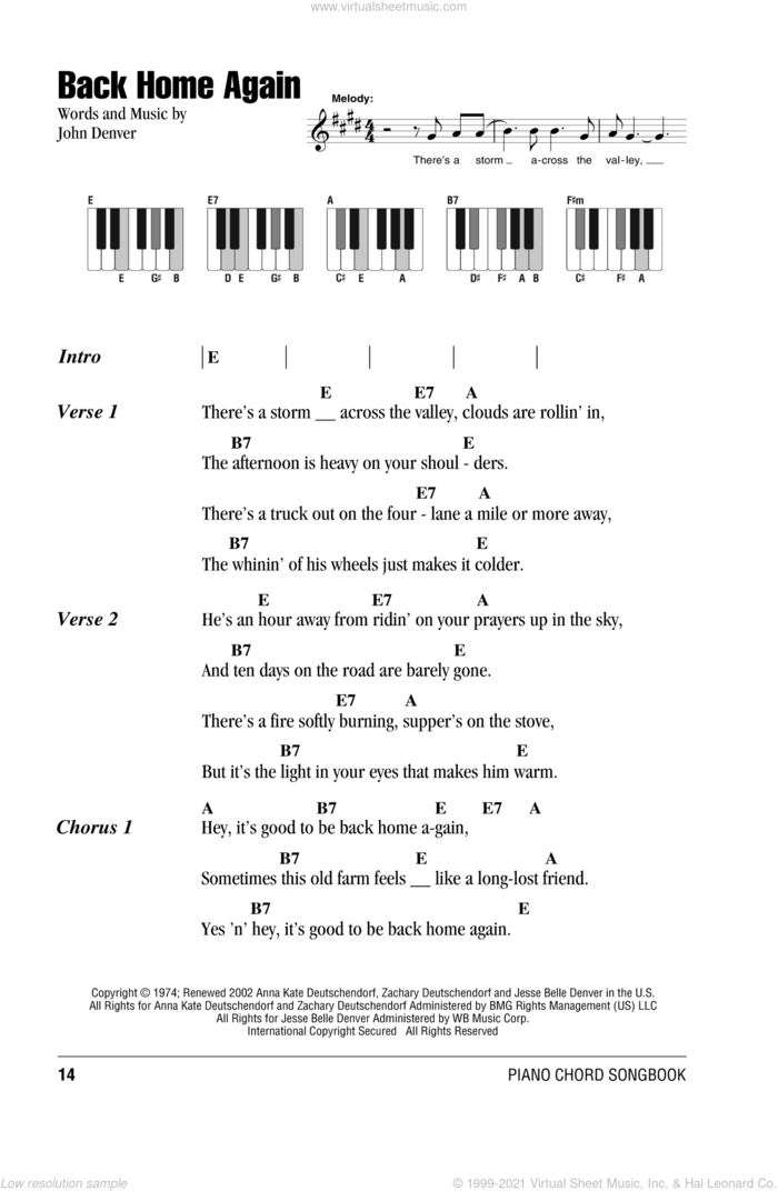 Back Home Again sheet music for piano solo (chords, lyrics, melody) by John Denver, intermediate piano (chords, lyrics, melody)