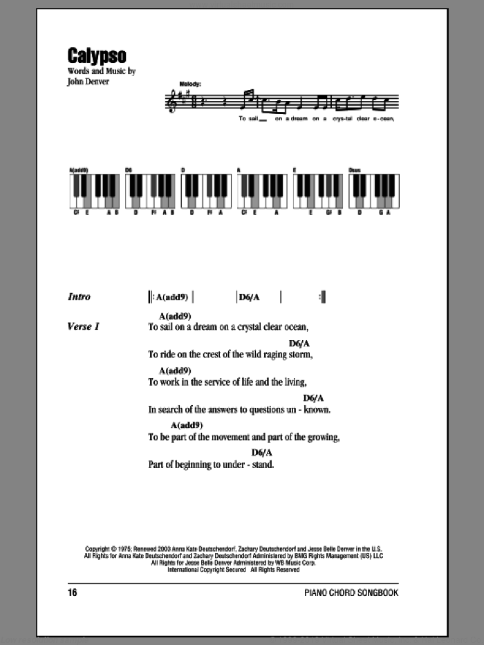Calypso sheet music for piano solo (chords, lyrics, melody) by John Denver, intermediate piano (chords, lyrics, melody)