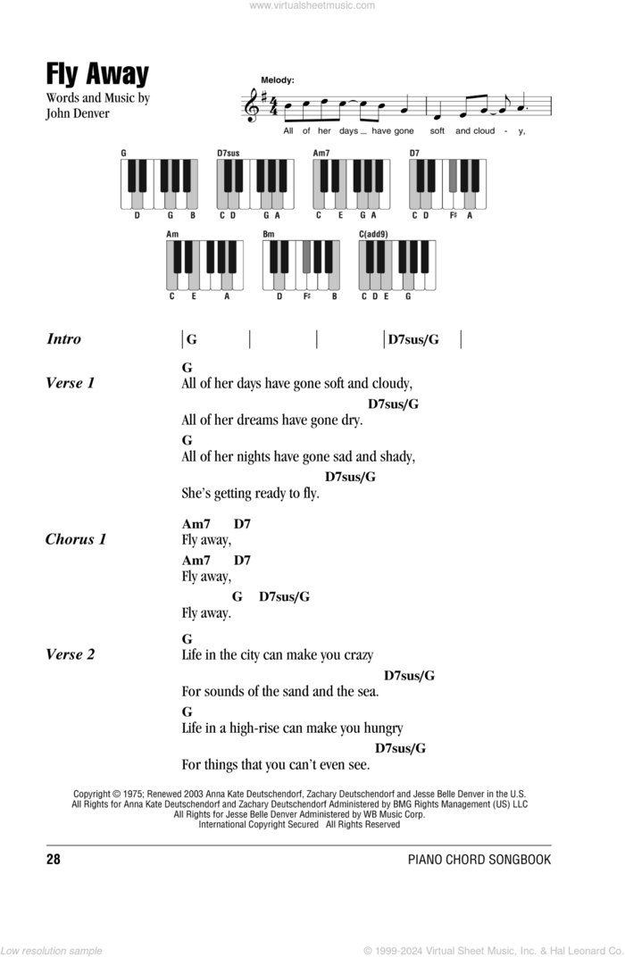 Fly Away sheet music for piano solo (chords, lyrics, melody) by John Denver, intermediate piano (chords, lyrics, melody)