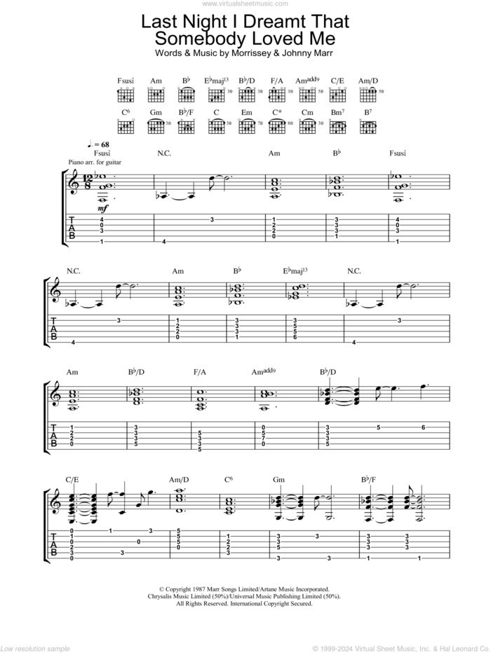 Last Night I Dreamt That Somebody Loved Me sheet music for guitar (tablature) by The Smiths, Johnny Marr and Steven Morrissey, intermediate skill level