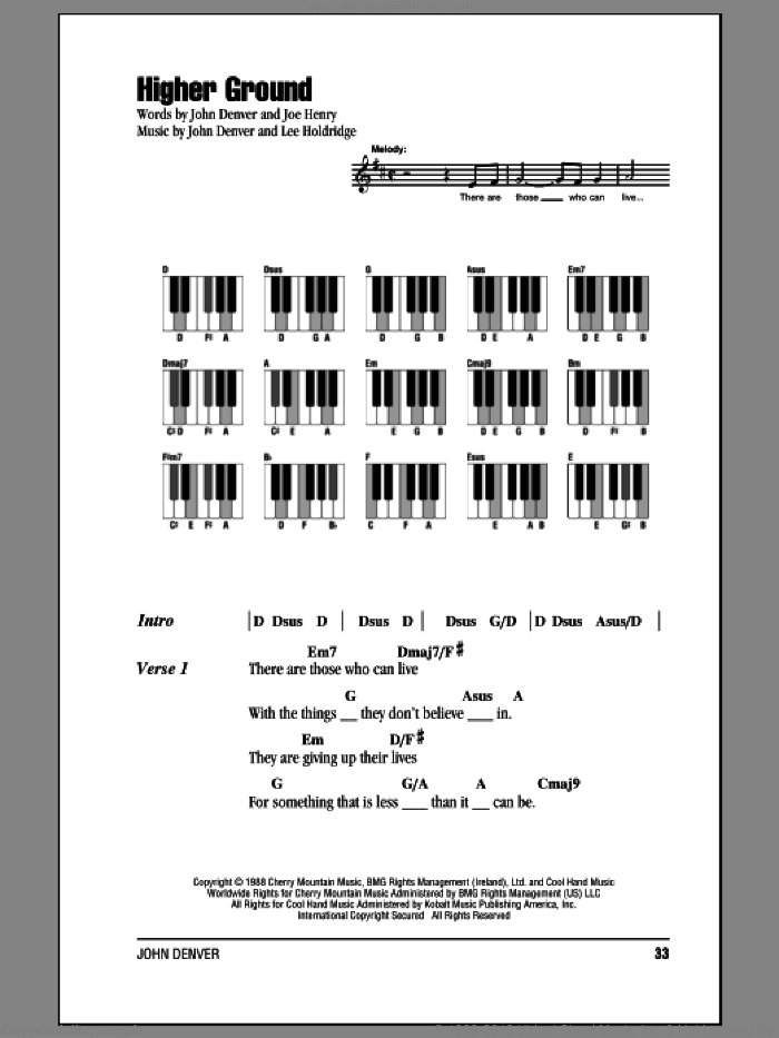 Higher Ground sheet music for piano solo (chords, lyrics, melody) by John Denver, Joe Henry and Lee Elwood Holdridge, intermediate piano (chords, lyrics, melody)