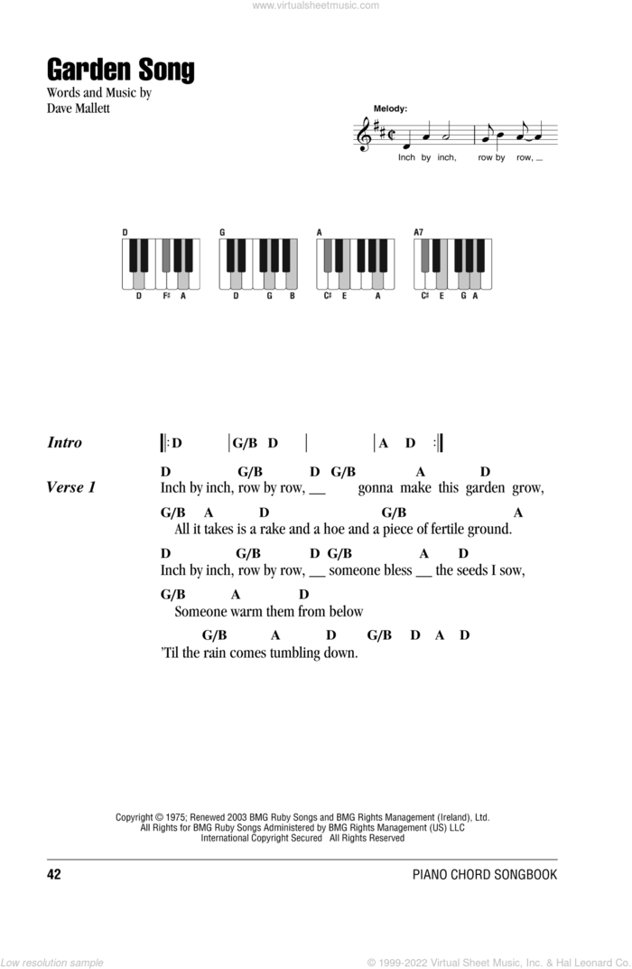 Garden Song sheet music for piano solo (chords, lyrics, melody) by John Denver and Dave Mallett, intermediate piano (chords, lyrics, melody)