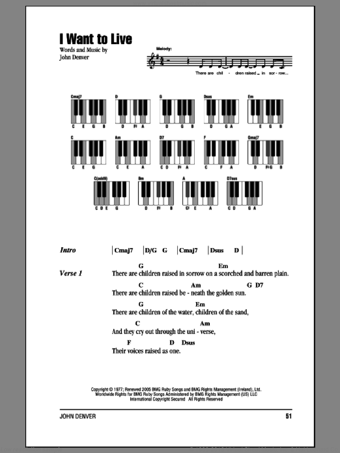 I Want To Live sheet music for piano solo (chords, lyrics, melody) by John Denver, intermediate piano (chords, lyrics, melody)
