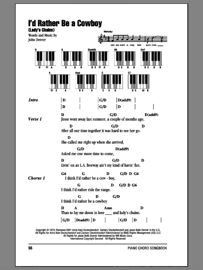 I'd Rather Be A Cowboy (Lady's Chains) sheet music for piano solo (chords, lyrics, melody) by John Denver, intermediate piano (chords, lyrics, melody)