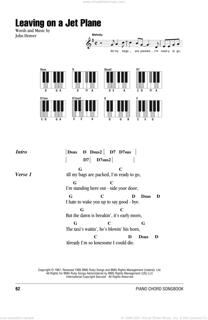 Leaving On A Jet Plane sheet music for piano solo (chords, lyrics, melody) by John Denver and Peter, Paul & Mary, intermediate piano (chords, lyrics, melody)