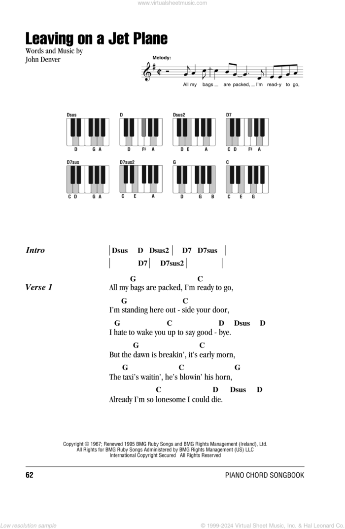 Leaving On A Jet Plane sheet music for piano solo (chords, lyrics, melody) by John Denver and Peter, Paul & Mary, intermediate piano (chords, lyrics, melody)