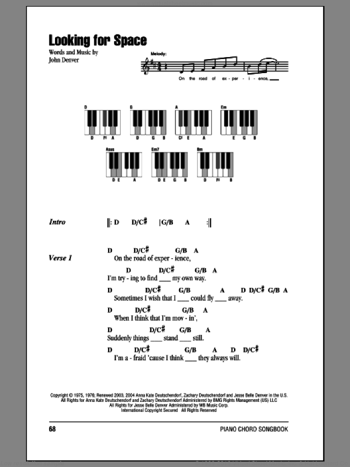 Looking For Space sheet music for piano solo (chords, lyrics, melody) by John Denver, intermediate piano (chords, lyrics, melody)
