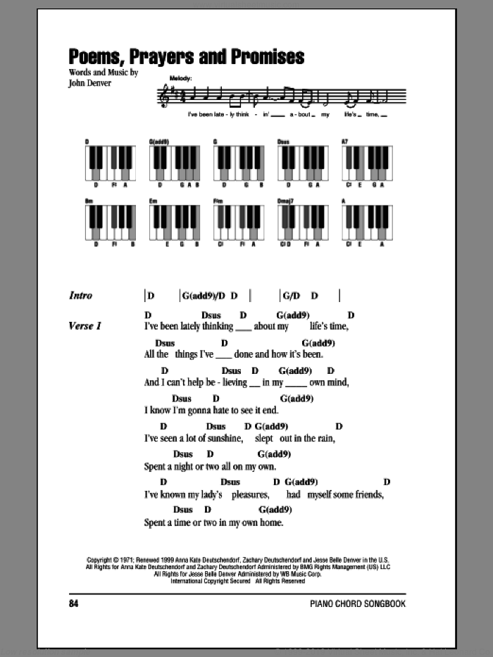 Poems, Prayers And Promises sheet music for piano solo (chords, lyrics, melody) by John Denver, intermediate piano (chords, lyrics, melody)