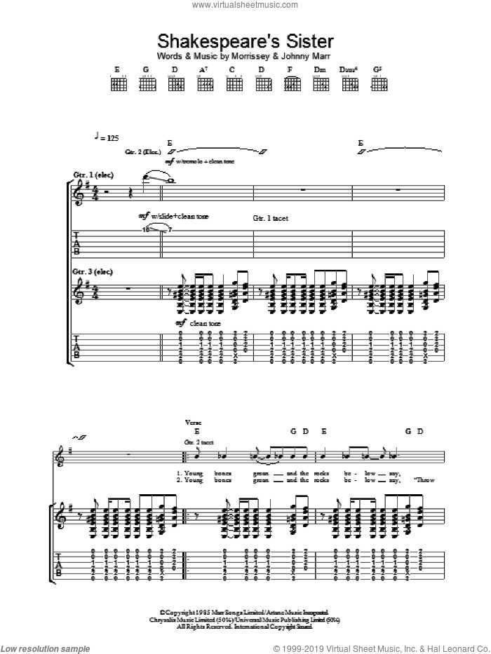 Shakespeare's Sister sheet music for guitar (tablature) by The Smiths, Johnny Marr and Steven Morrissey, intermediate skill level
