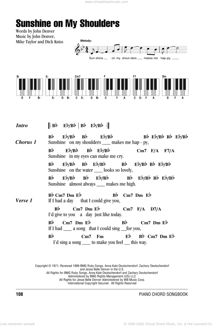 Sunshine On My Shoulders sheet music for piano solo (chords, lyrics, melody) by John Denver, Dick Kniss and Mike Taylor, intermediate piano (chords, lyrics, melody)