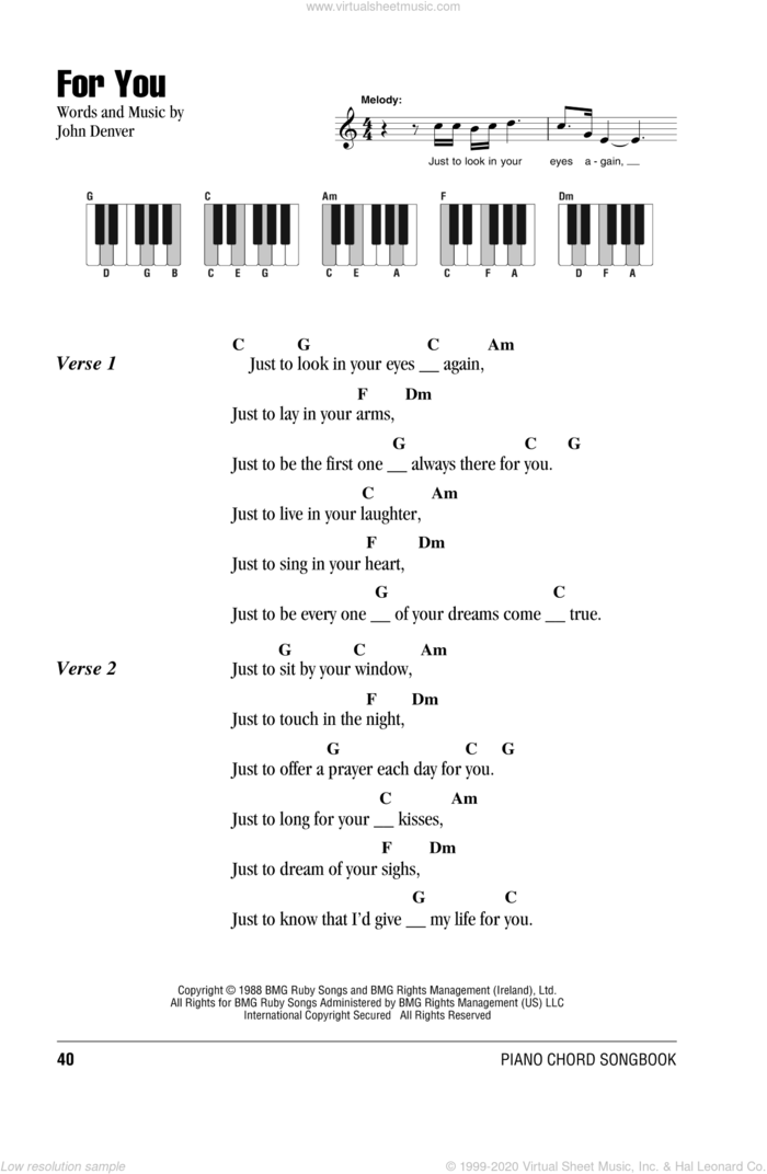 For You sheet music for piano solo (chords, lyrics, melody) by John Denver, intermediate piano (chords, lyrics, melody)