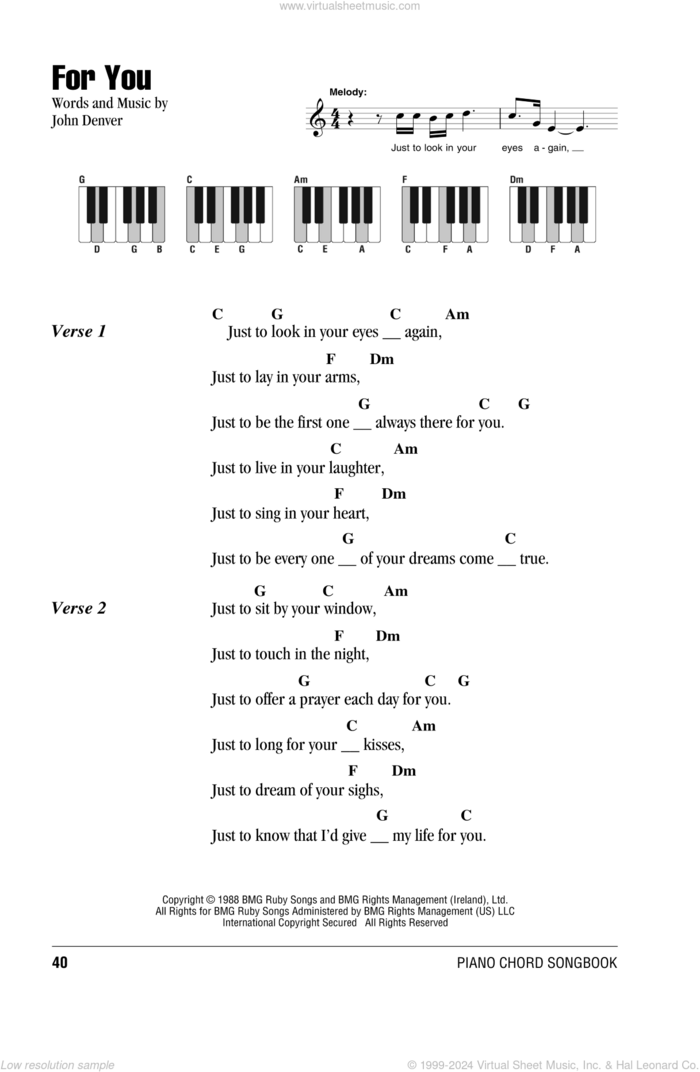 For You sheet music for piano solo (chords, lyrics, melody) by John Denver, intermediate piano (chords, lyrics, melody)