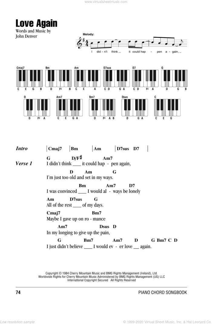 Love Again sheet music for piano solo (chords, lyrics, melody) by John Denver, intermediate piano (chords, lyrics, melody)