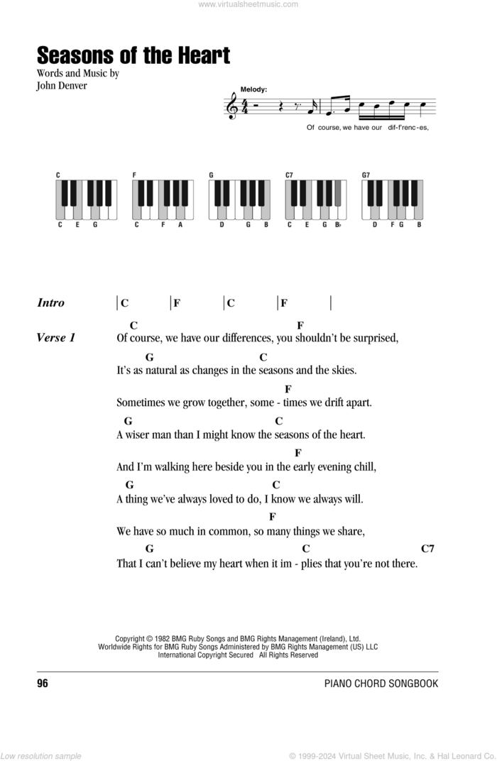 Seasons Of The Heart sheet music for piano solo (chords, lyrics, melody) by John Denver, intermediate piano (chords, lyrics, melody)