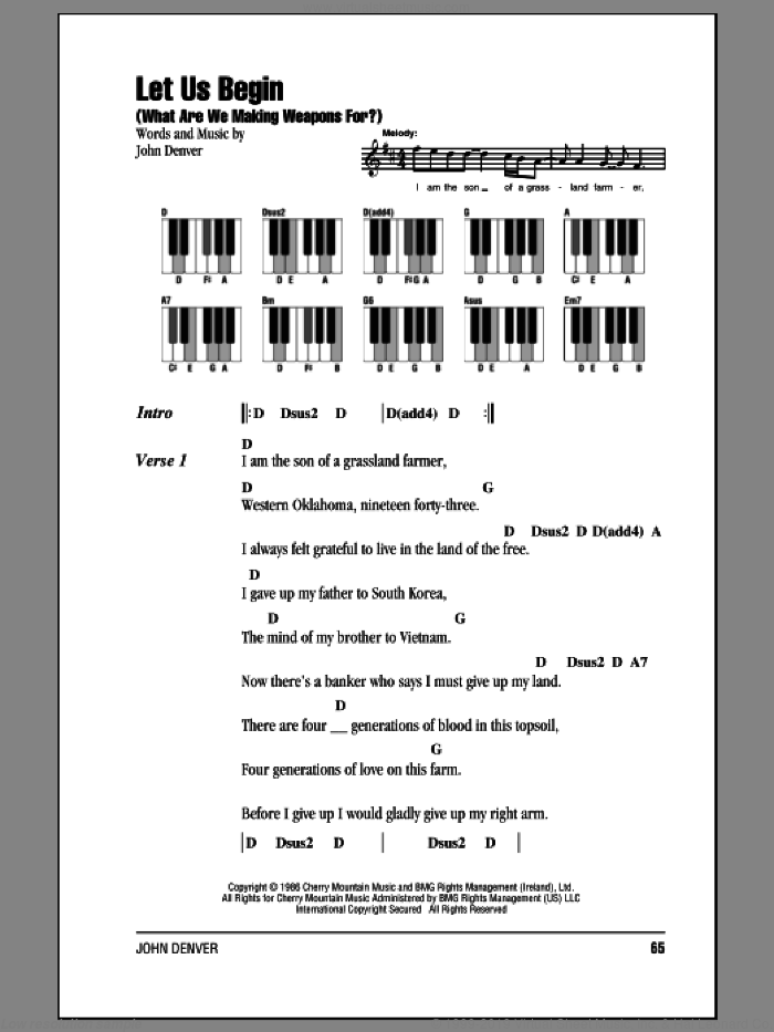 Let Us Begin (What Are We Making Weapons For?) sheet music for piano solo (chords, lyrics, melody) by John Denver, intermediate piano (chords, lyrics, melody)