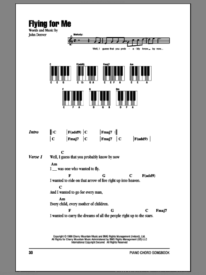 Flying For Me sheet music for piano solo (chords, lyrics, melody) by John Denver, intermediate piano (chords, lyrics, melody)