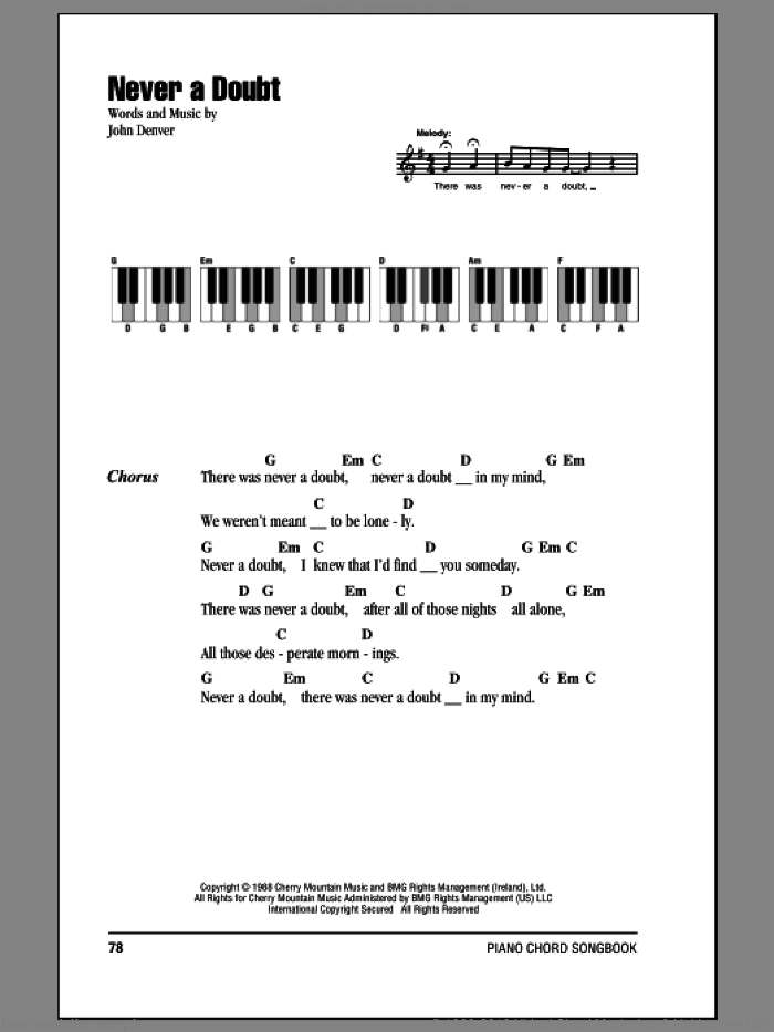 Never A Doubt sheet music for piano solo (chords, lyrics, melody) by John Denver, intermediate piano (chords, lyrics, melody)