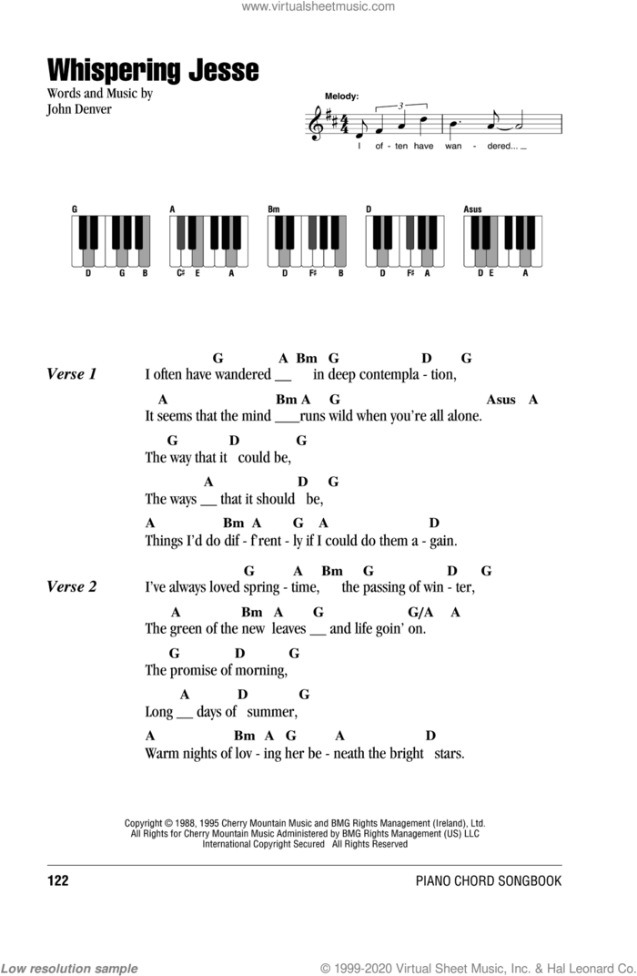 Whispering Jesse sheet music for piano solo (chords, lyrics, melody) by John Denver, intermediate piano (chords, lyrics, melody)