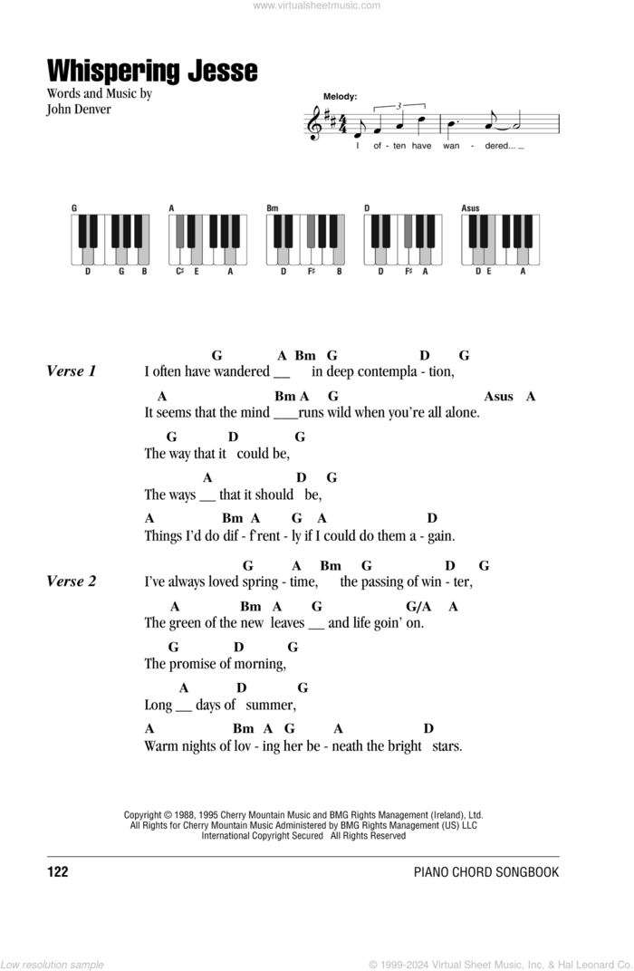 Whispering Jesse sheet music for piano solo (chords, lyrics, melody) by John Denver, intermediate piano (chords, lyrics, melody)