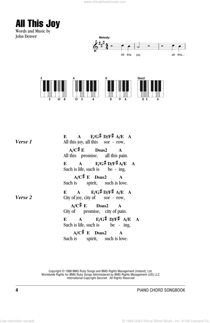 All This Joy sheet music for piano solo (chords, lyrics, melody) by John Denver, intermediate piano (chords, lyrics, melody)