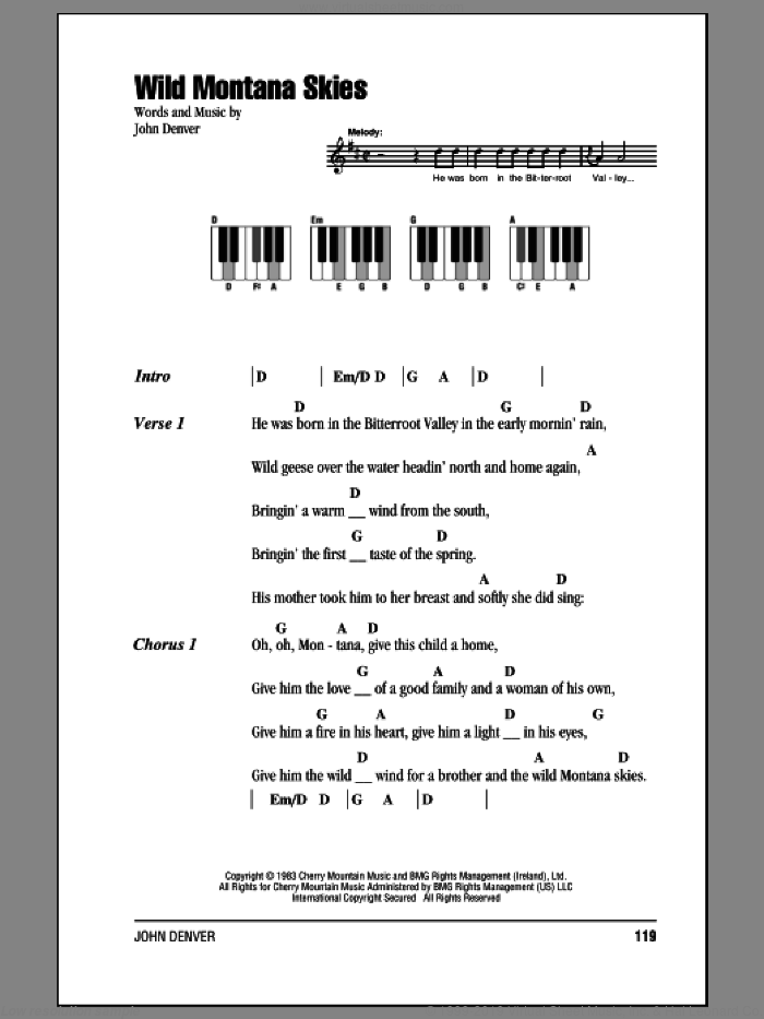 Wild Montana Skies sheet music for piano solo (chords, lyrics, melody) by John Denver, intermediate piano (chords, lyrics, melody)