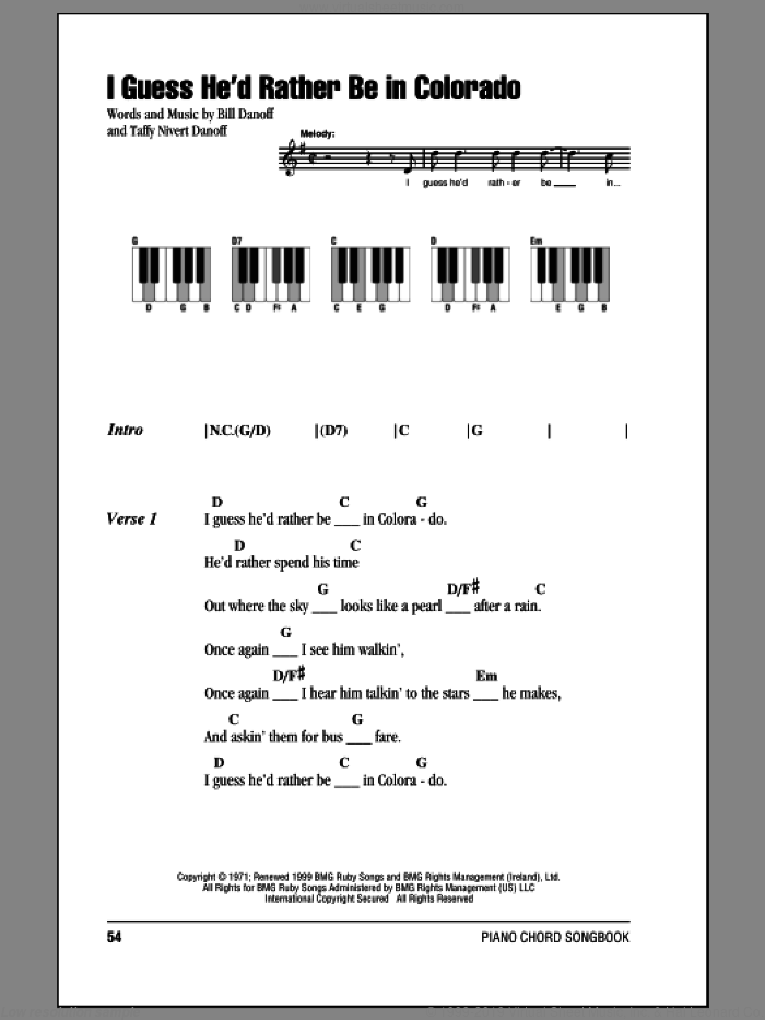 I Guess He'd Rather Be In Colorado sheet music for piano solo (chords, lyrics, melody) by John Denver, Bill Danoff and Taffy Nivert Danoff, intermediate piano (chords, lyrics, melody)