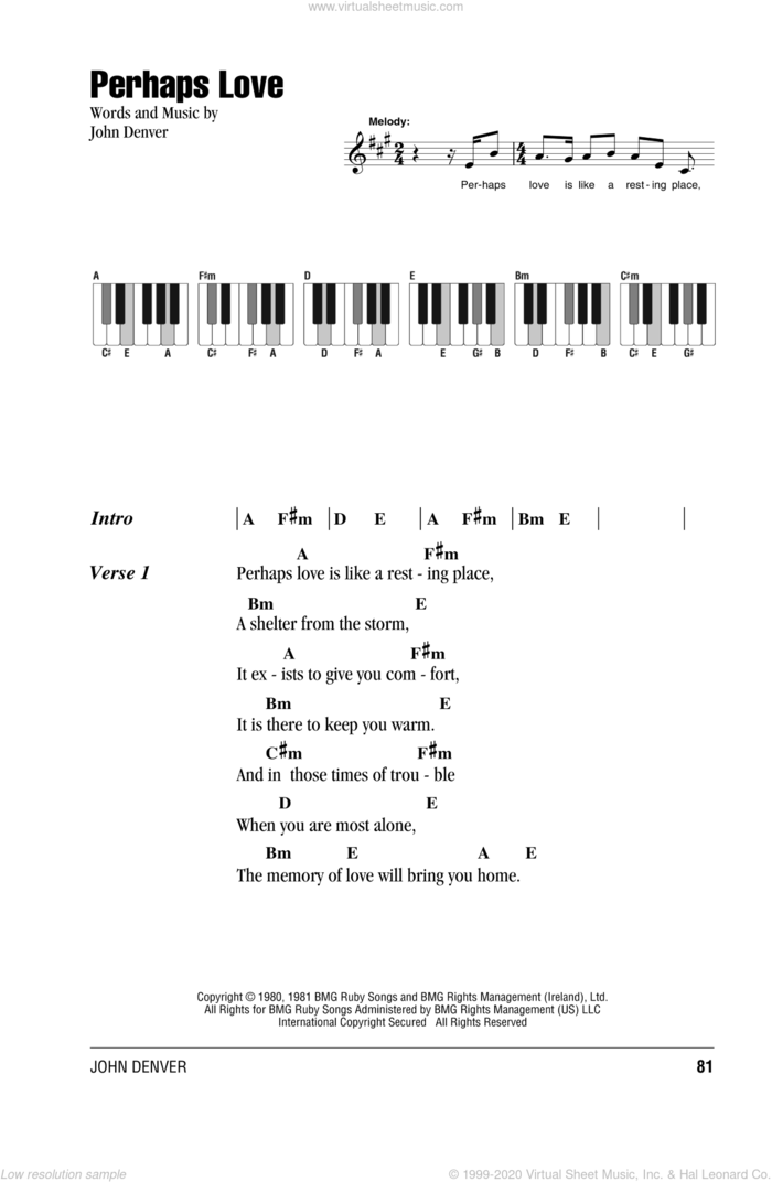 Perhaps Love sheet music for piano solo (chords, lyrics, melody) by John Denver, intermediate piano (chords, lyrics, melody)