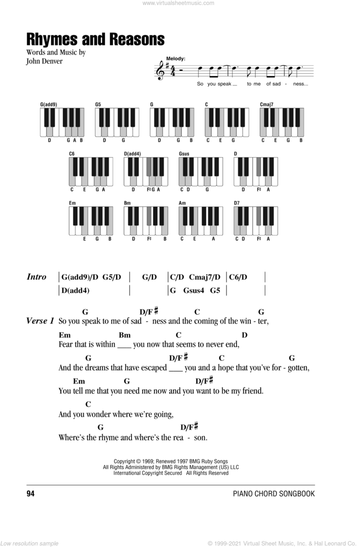 Rhymes And Reasons sheet music for piano solo (chords, lyrics, melody) by John Denver, intermediate piano (chords, lyrics, melody)
