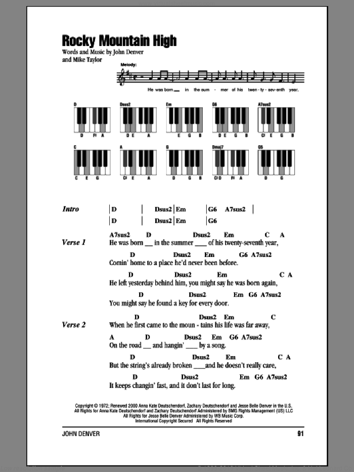 Rocky Mountain High sheet music for piano solo (chords, lyrics, melody) by John Denver and Mike Taylor, intermediate piano (chords, lyrics, melody)