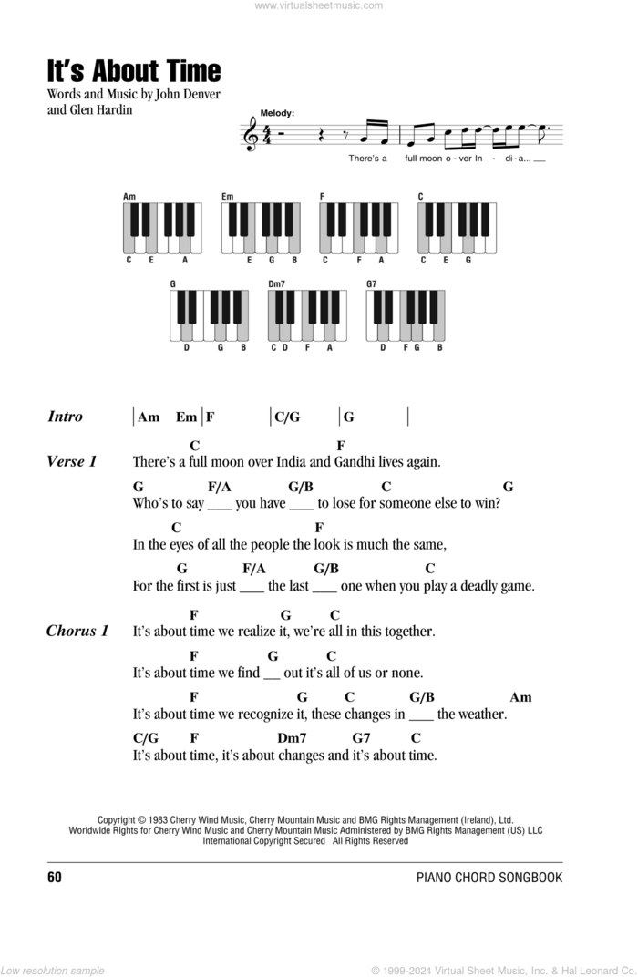 It's About Time sheet music for piano solo (chords, lyrics, melody) by John Denver and Glen Hardin, intermediate piano (chords, lyrics, melody)