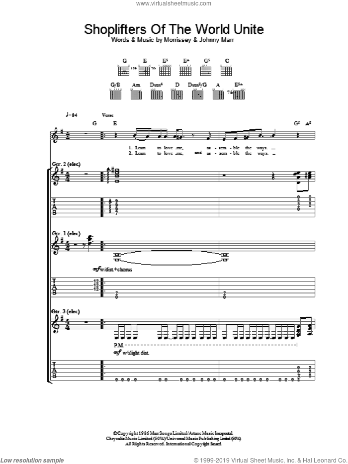 Shoplifters Of The World Unite sheet music for guitar (tablature) by The Smiths, Johnny Marr and Steven Morrissey, intermediate skill level