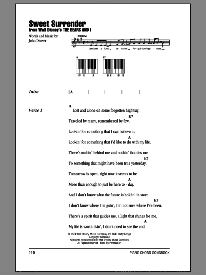 Sweet Surrender sheet music for piano solo (chords, lyrics, melody) by John Denver, intermediate piano (chords, lyrics, melody)