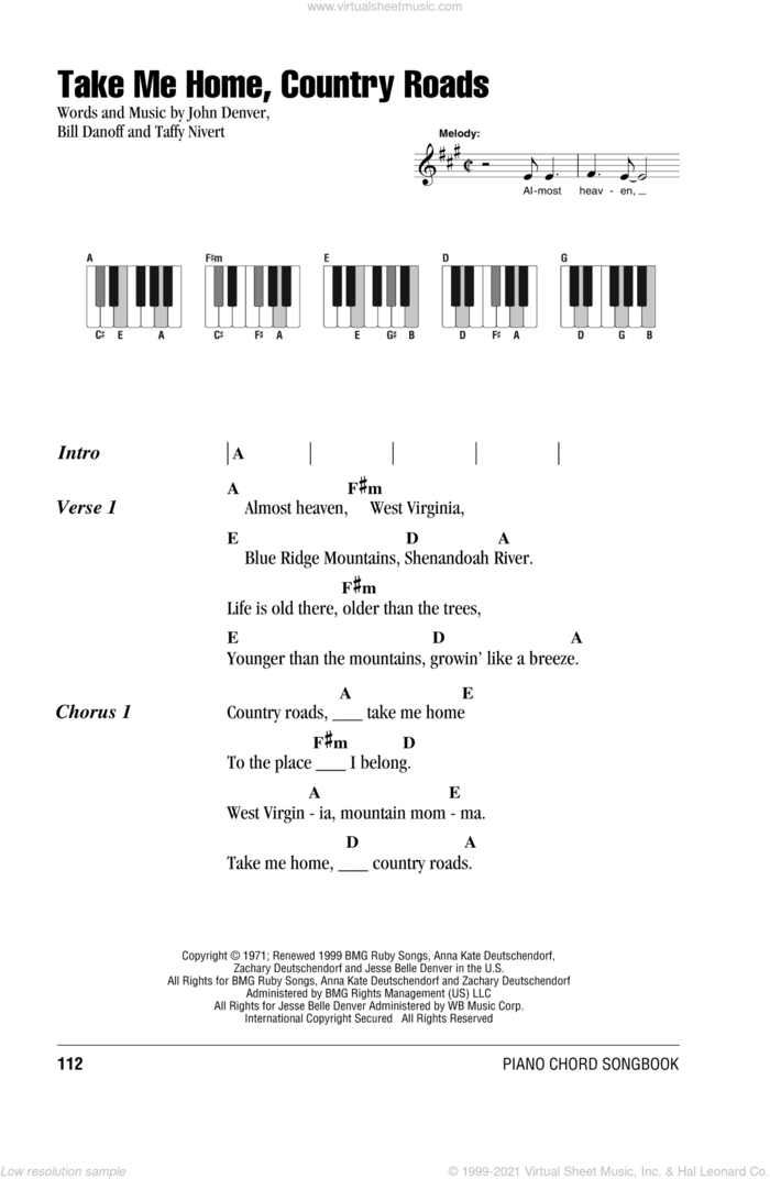 Take Me Home, Country Roads sheet music for piano solo (chords, lyrics, melody) by John Denver, Bill Danoff and Taffy Nivert, intermediate piano (chords, lyrics, melody)