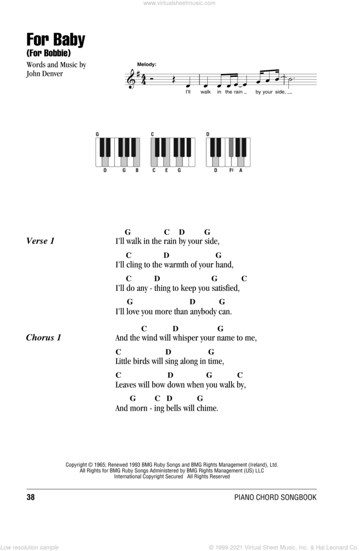 For Baby (For Bobbie) sheet music for piano solo (chords, lyrics, melody) by John Denver, intermediate piano (chords, lyrics, melody)