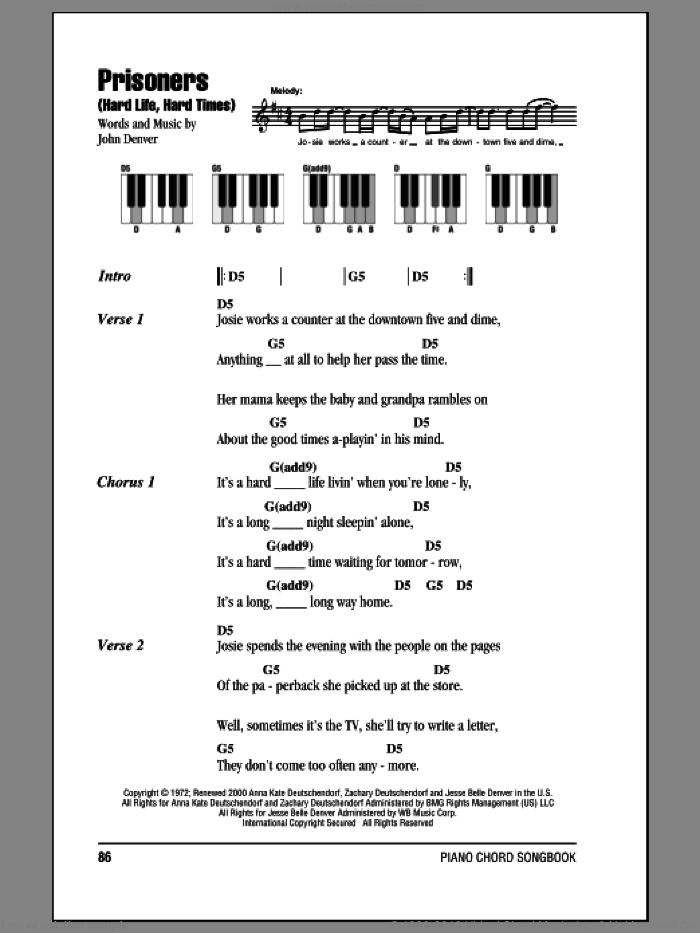 Prisoners (Hard Life, Hard Times) sheet music for piano solo (chords, lyrics, melody) by John Denver, intermediate piano (chords, lyrics, melody)