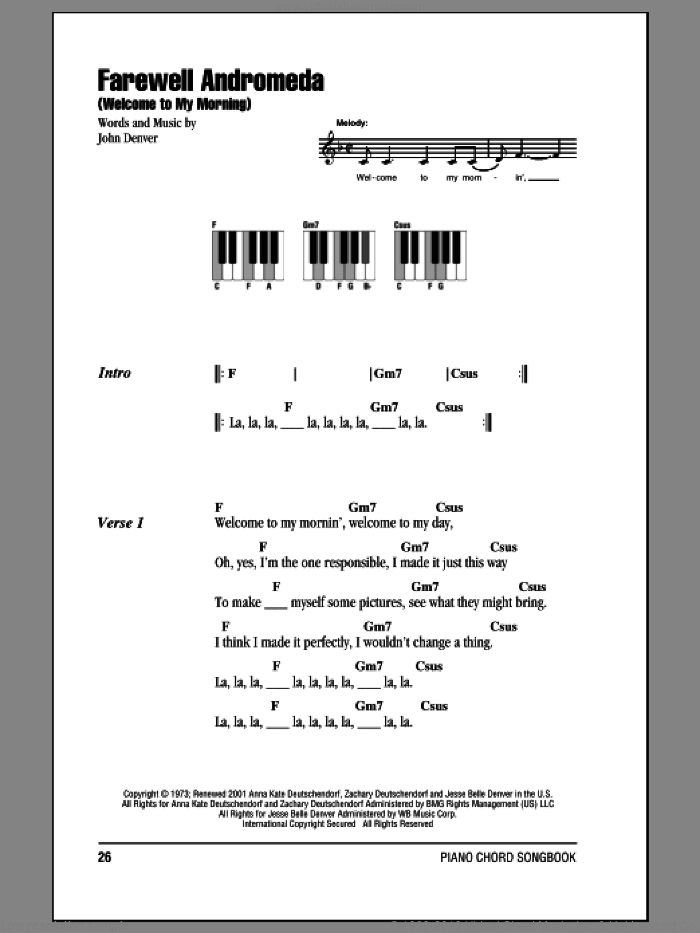 Farewell Andromeda (Welcome To My Morning) sheet music for piano solo (chords, lyrics, melody) by John Denver, intermediate piano (chords, lyrics, melody)