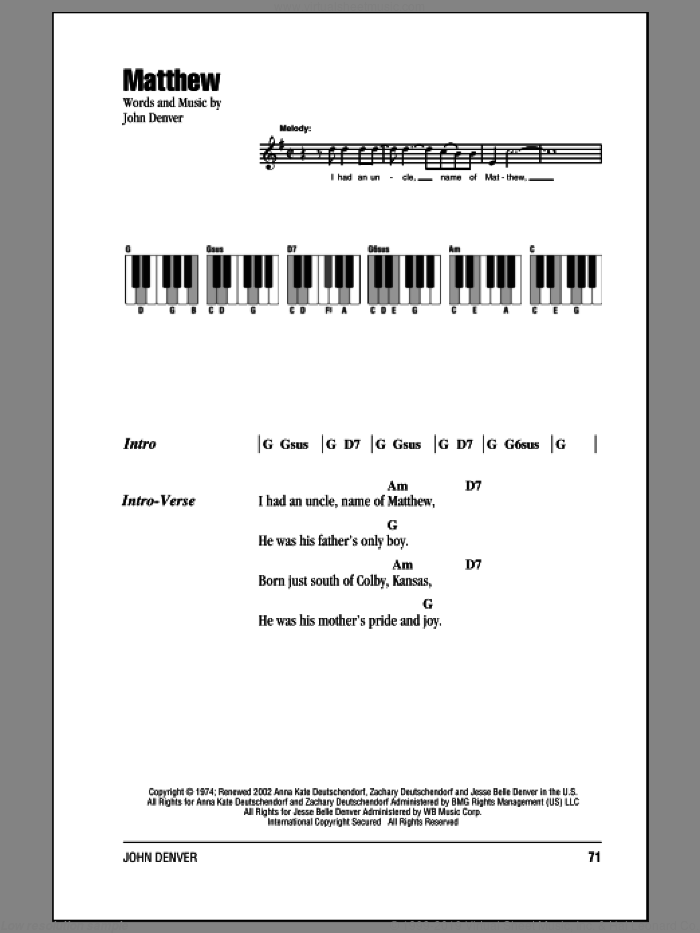 Matthew sheet music for piano solo (chords, lyrics, melody) by John Denver, intermediate piano (chords, lyrics, melody)