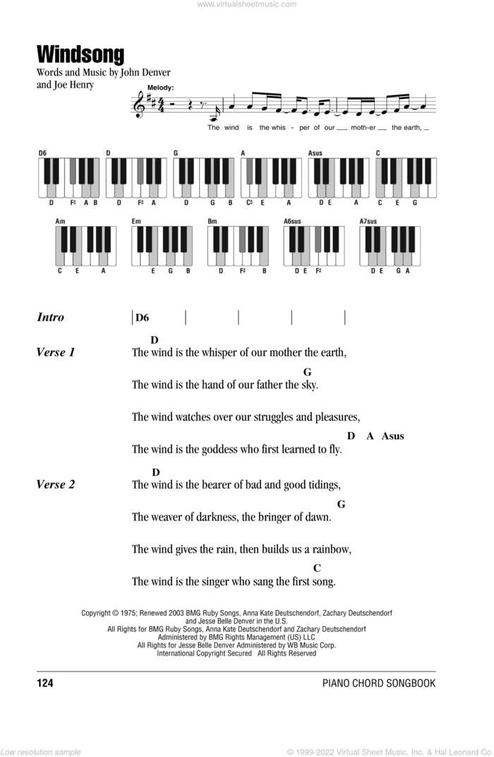 Windsong sheet music for piano solo (chords, lyrics, melody) by John Denver and Joe Henry, intermediate piano (chords, lyrics, melody)