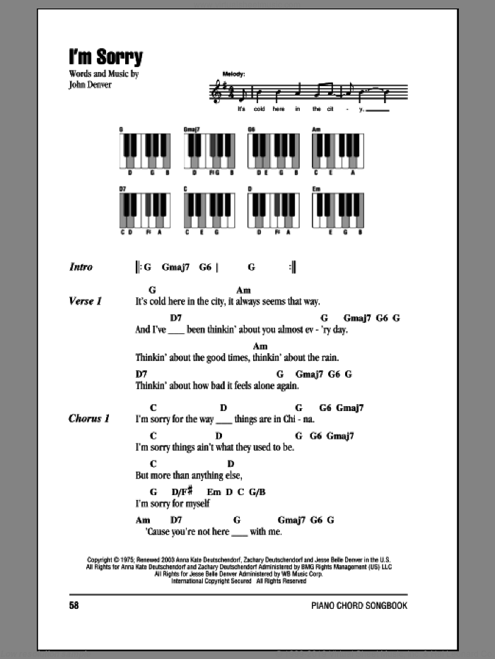 I'm Sorry sheet music for piano solo (chords, lyrics, melody) by John Denver, intermediate piano (chords, lyrics, melody)