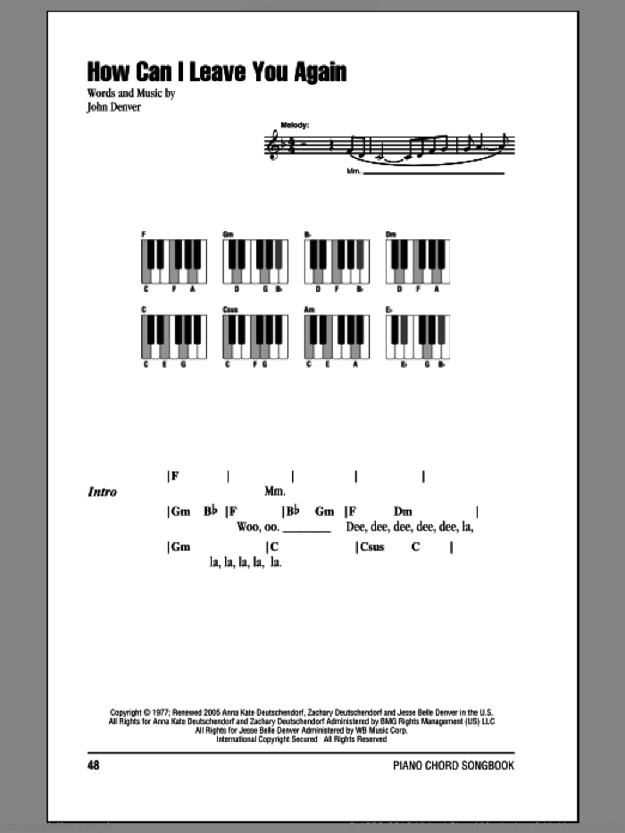 How Can I Leave You Again sheet music for piano solo (chords, lyrics, melody) by John Denver, intermediate piano (chords, lyrics, melody)