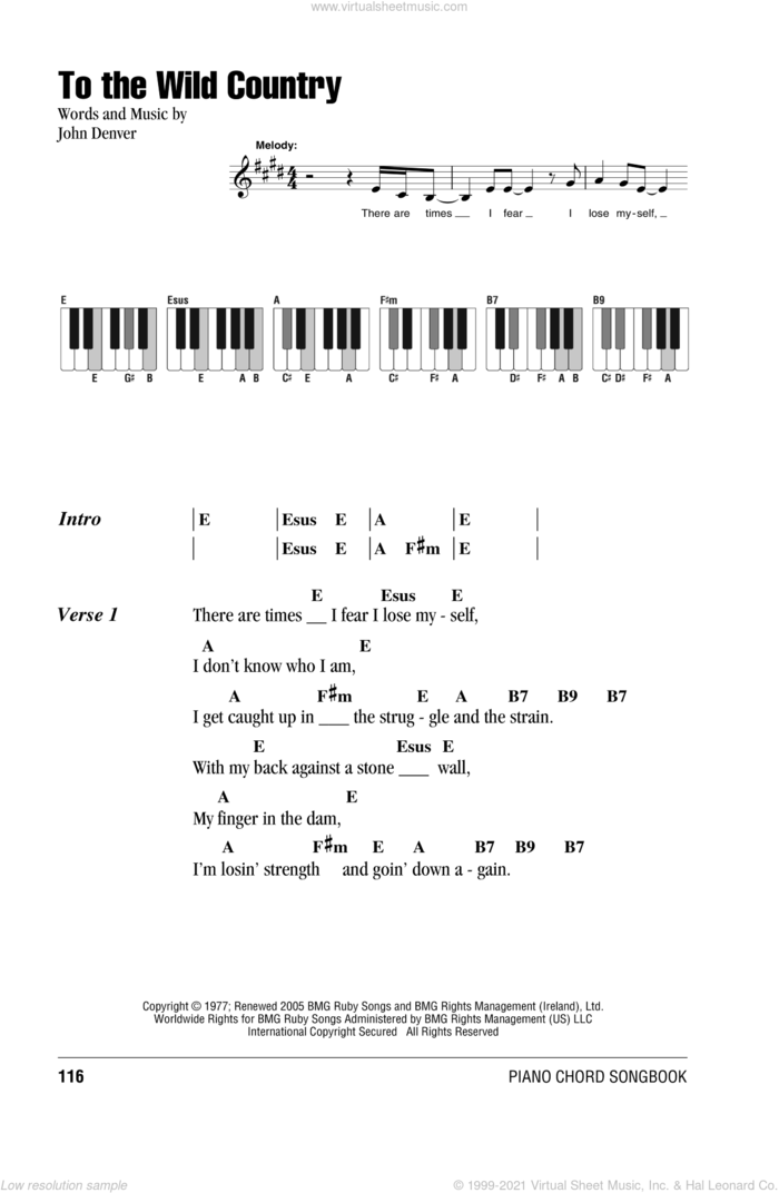 To The Wild Country sheet music for piano solo (chords, lyrics, melody) by John Denver, intermediate piano (chords, lyrics, melody)