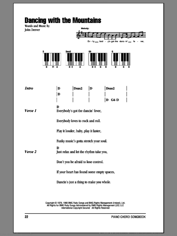 Dancing With The Mountains sheet music for piano solo (chords, lyrics, melody) by John Denver, intermediate piano (chords, lyrics, melody)