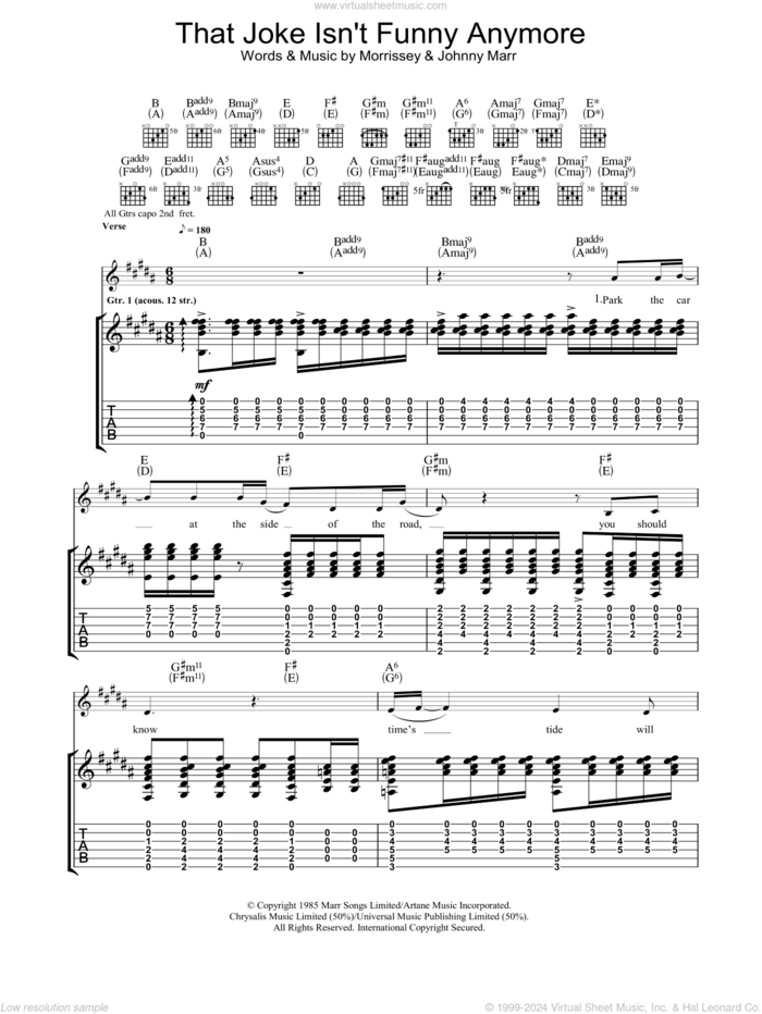 That Joke Isn't Funny Anymore sheet music for guitar (tablature) by The Smiths, Johnny Marr and Steven Morrissey, intermediate skill level