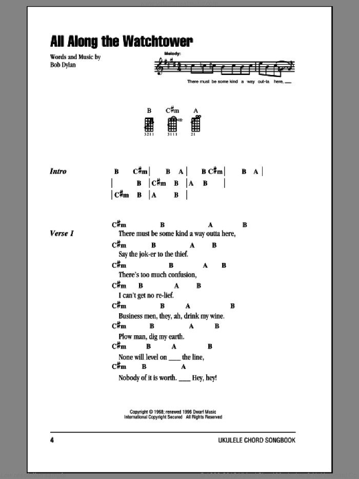 All Along The Watchtower sheet music for ukulele (chords) by Jimi Hendrix, intermediate skill level